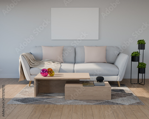 Livingroom with a sofa near the wall. Mockup painting on the wall. 3D Render