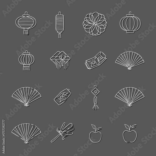 East Asian Culture Line Art Icons Set. Traditional Lanterns, Folding Fans, and Festive Symbols for Celebrations and Holidays.