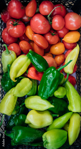 Ripe green pepper and red tomato, collected in a box. Autumn harvest.