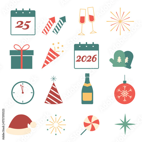 Christmas & New Year Celebration Icons – Festive Vector Set for 2026