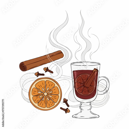 Vector illustration: steaming mulled wine with a cinnamon stick, orange slice, and cloves – a cozy winter drink for holiday menus, packaging, and social media