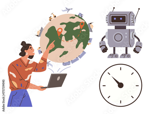 Woman pointing at globe with travel elements, holding laptop next to robot and clock. Ideal for innovation, technology, automation, global reach, time management, collaboration efficiency. Simple