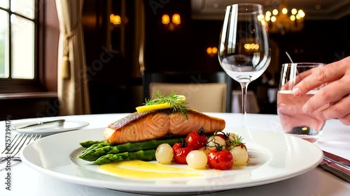 Elegant salmon dish with asparagus and tomatoes in upscale restaurant setting