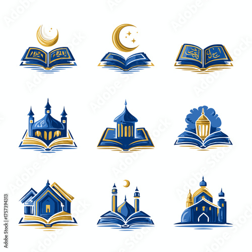 Collection of Islamic religious symbols, holy Quran book, mosque illustrations, and crescent moon icons for Ramadan and Eid celebrations