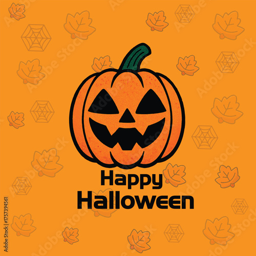Happy Halloween Jack-o'-Lantern with Autumn Leaves and Spiderwebs