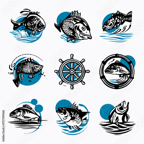 Fishing and marine design elements set featuring various fish illustrations, water splashes, and a nautical ship wheel emblem
