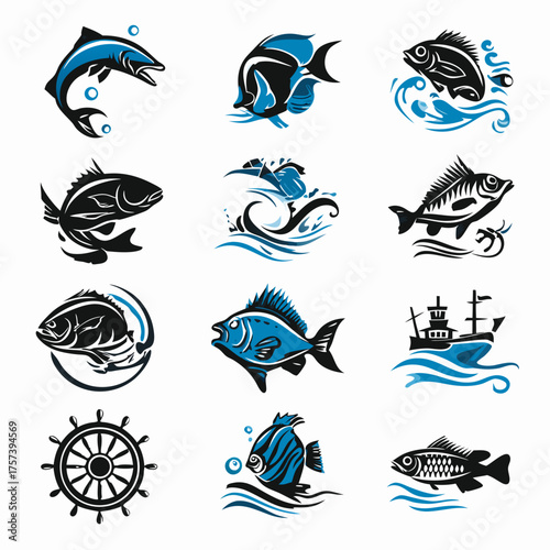 Abstract Fish Icons and Nautical Marine Symbols Collection for Fishing, Seafood, and Aquatic Themes Vector Graphic Elements