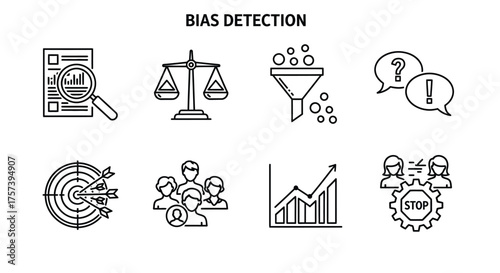 Collection of icons representing bias detection methods and concepts for data analysis vector