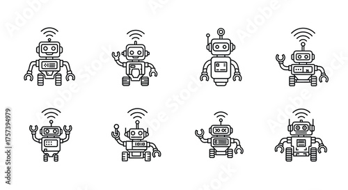 Collection of eight cute robot icons with wifi antennas in a hand-drawn style for technology and ai themes vector