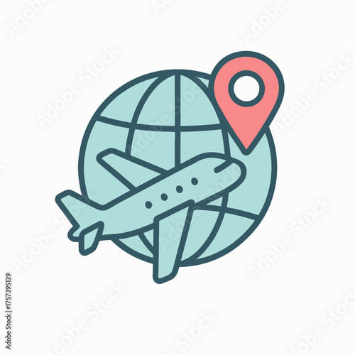 Airplane with location pin flying worldwide. Suitable for travel brochures, airline advertisements, globetrotting promotions, and international travel websites.