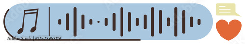 Sound waves flow between a music note, chat bubble, and heart, symbolizing connectivity, expression, and emotion. Ideal for music, communication, podcasting media technology creativity