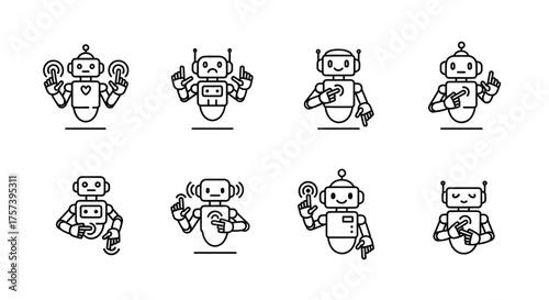 Set of cute cartoon robots with different emotions and poses for technology and ai vector