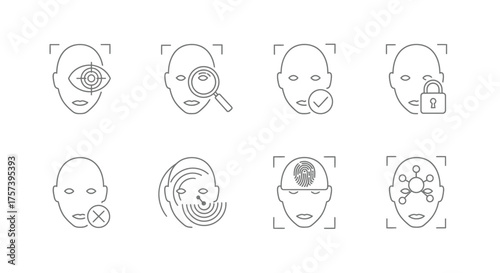 Facial recognition technology set outline icons representing security identity verification biometrics vector