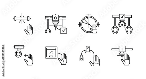 Set of 8 hand gestures icons representing technology interaction and control in a line art style vector