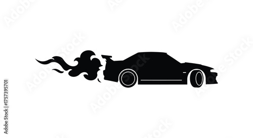 Dynamic silhouette of a sports car performing a burnout with smoke trails on a clean white backdrop silhouette