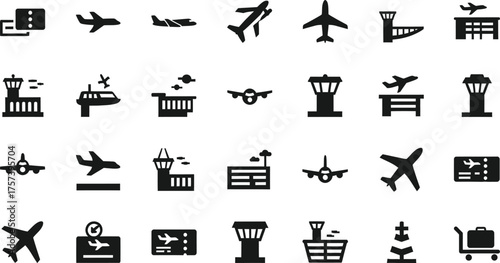 Collection of airport and aviation icons representing airplanes terminals control towers and travel elements isolated on transparent background