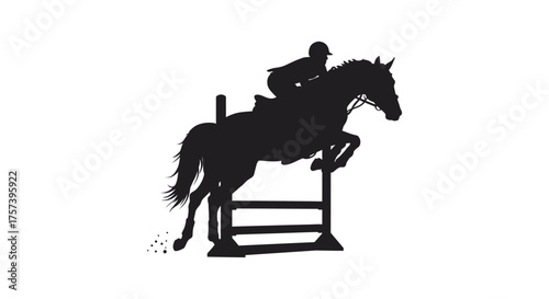 Dynamic silhouette of equestrian rider leaping over horse jump in action horseback riding sport symbol silhouette