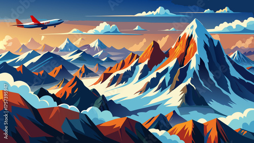 Very beautiful aerial view of high mountain peaks above clouds, with an airplane flying towards Anchorage, Alaska, USA, capturing snow-topped ridges, soft cloud blanket, golden sunset light and dramat