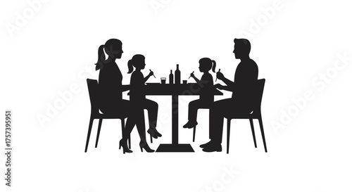 Silhouette family enjoying meal together sitting around table outdoors with bottles and plates in evening silhouette