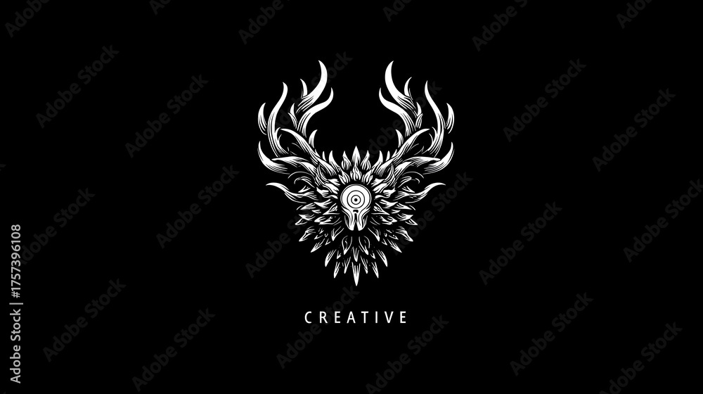 Fototapeta premium Luxury deer logo with elegant white ornamental lines on black background, symbolizing power, creativity, and prestige. ideal for premium brands or creative agencies.