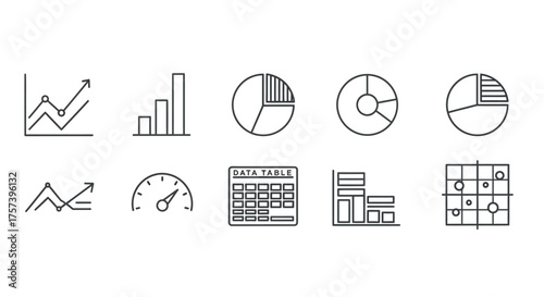 Collection of business and financial icons representing growth analytics and data visualization vector