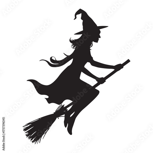 Silhouette of a witch flying on a broomstick against a white background