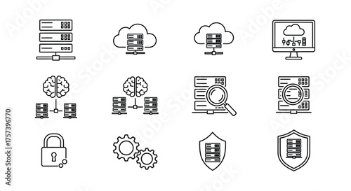 Database and server linear icons isolated on white background