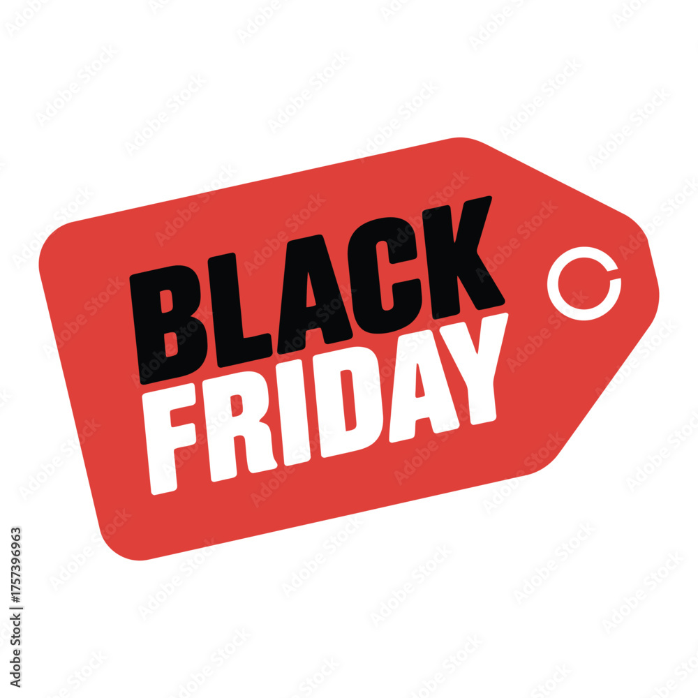 Obraz premium Red price tag icon with bold Black Friday text, featuring black and white lettering and circular arrow symbol for retail sale promotion
