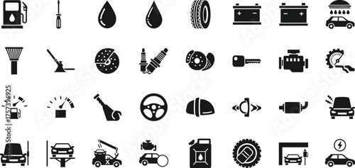 Collection of black automotive and car repair service icons and symbols isolated on transparent background