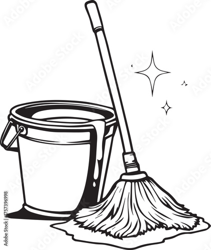 Black and white vector illustration of mop and bucket with sparkles indicating cleanliness and sanitation