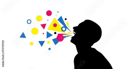 Levity and Laughter Silhouette: Person Laughing with Playful Abstract Geometric Sound Waves