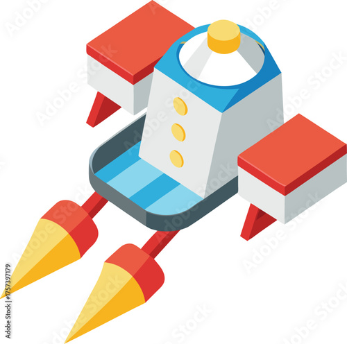 Isometric vector illustration of a personal flying jetpack with rocket thrusters and fuel tank