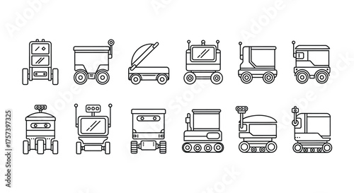 Collection of delivery robots isolated on white background in line style