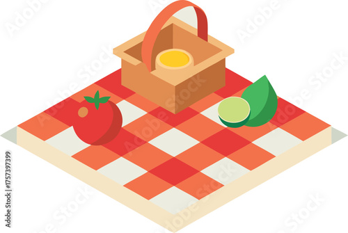 Isometric picnic basket with fresh fruit on gingham blanket vector illustration