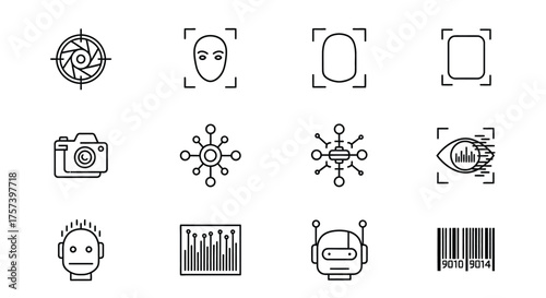 Collection of technology and security icons representing ai facial recognition and biometrics vector