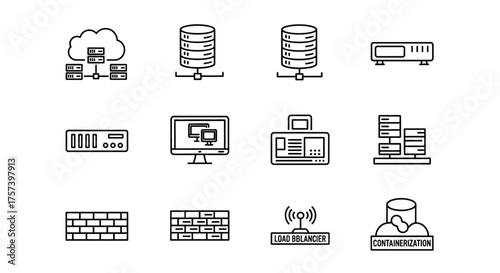 Set of hand drawn icons representing cloud computing and server technology concepts vector