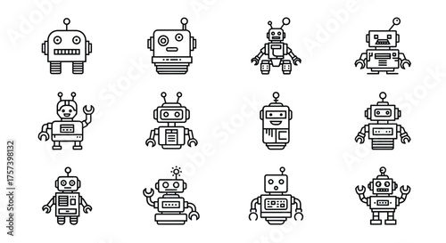 Collection of diverse hand-drawn robot icons for technology and sci-fi themes vector