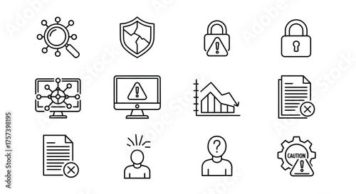 Set of 12 hand drawn icons representing security data analytics and business concepts vector