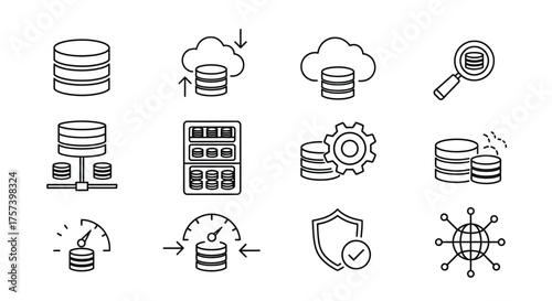 Set of hand drawn database and cloud computing icons representing data management security and technology concepts vector