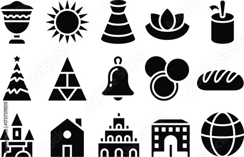 Collection of bold black and white icon symbols including sun lotus tree building bell and geometric minimal design elements