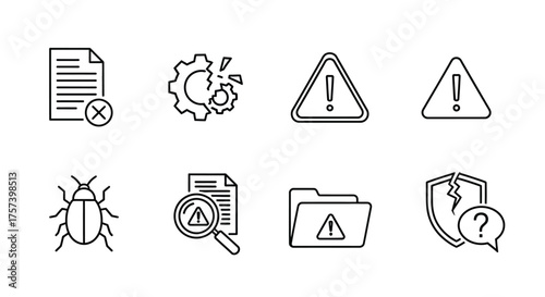 Set of digital icons representing security alerts errors and system issues for technology concepts vector