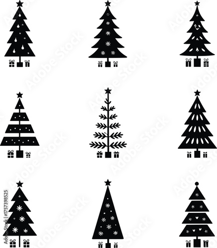 Collection of nine black and white Christmas tree icons with star toppers and gift boxes, minimalist festive holiday graphic design
