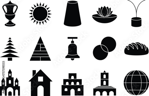 Collection of bold black and white icon symbols including sun lotus tree building bell and geometric minimal design elements