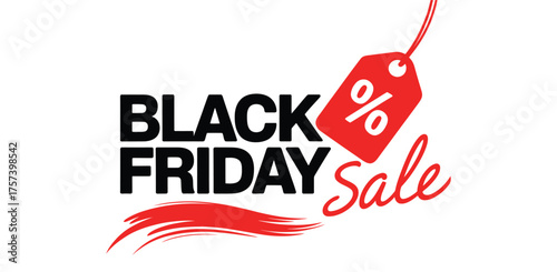 Black Friday Sale promotional design with bold black text, red cursive lettering, price tag icon, and swoosh for retail marketing and discounts