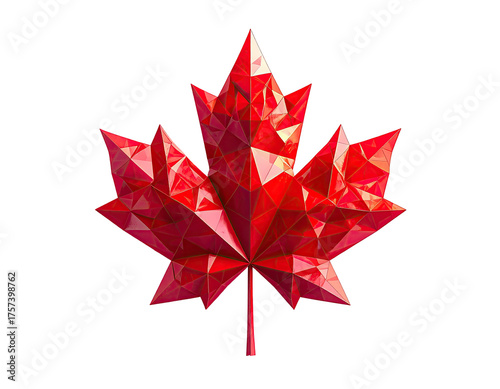 A stylized, faceted red maple leaf, centered on a black background, geometric design