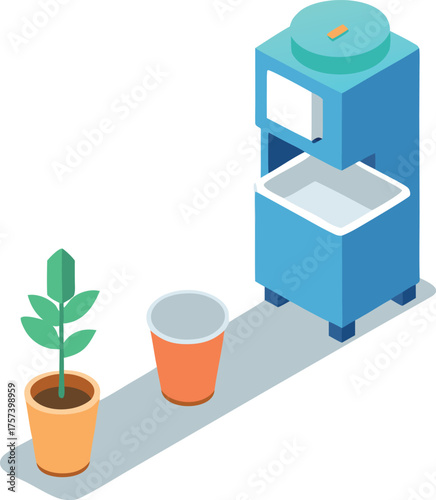Isometric water cooler with plant and paper cup vector illustration scalable eps icon