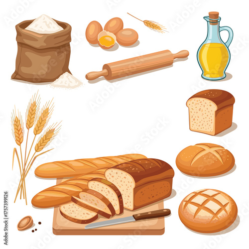Illustrations of baking ingredients and freshly baked breads.