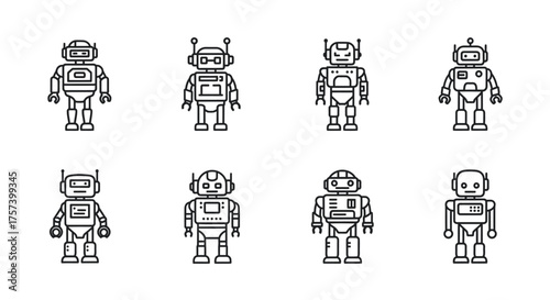Collection of cute hand drawn retro robots in outline style for creative projects vector