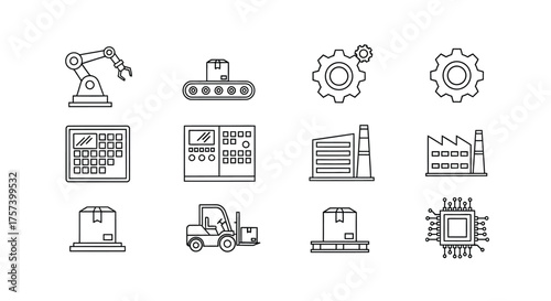 Set of industrial automation icons featuring robots conveyors gears and factories vector