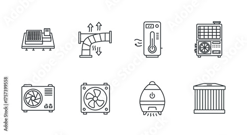 Collection of industrial hvac and air quality equipment icons set outline style vector